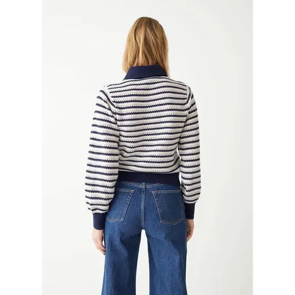 & other stories Navy White Silver Lurex Striped Knit Polo Long Sleeve Sweater S - Picture 6 of 6
